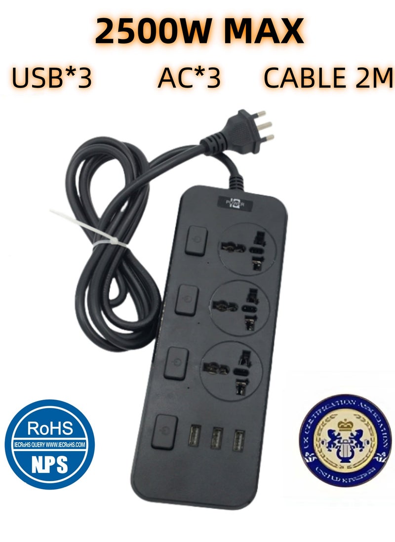 POWER - Power Strips Extension Cord 3 Outlets, Universal Plug Adapter with 3 USB Ports Surge Protector, Charging Socket with 2M Universal Extension Lead with Multiple Function - Image 1