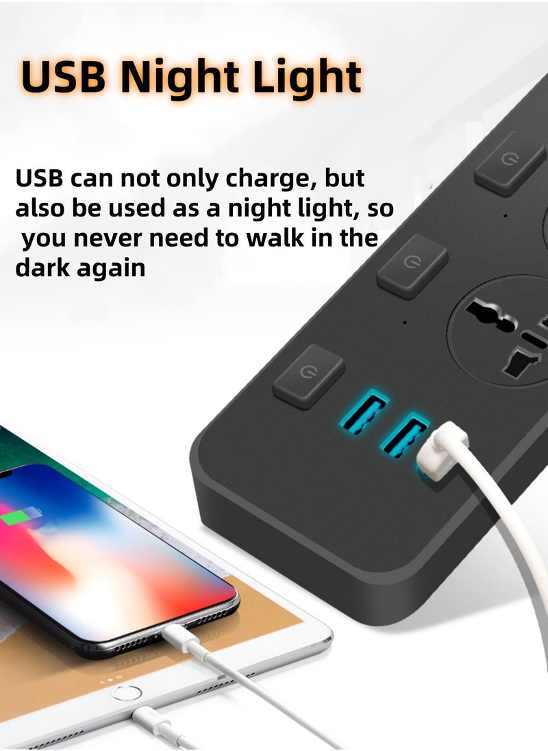POWER - Power Strips Extension Cord 3 Outlets, Universal Plug Adapter with 3 USB Ports Surge Protector, Charging Socket with 2M Universal Extension Lead with Multiple Function - Image 1