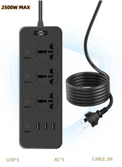 Power Strips Extension Cord 3 Outlets, Universal Plug Adapter with 3 USB Ports Surge Protector, Charging Socket with 2M Universal Extension Lead with Multiple Function