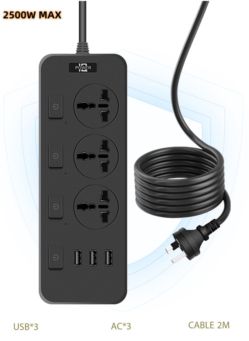 POWER - Power Strips Extension Cord 3 Outlets, Universal Plug Adapter with 3 USB Ports Surge Protector, Charging Socket with 2M Universal Extension Lead with Multiple Function - Image 1