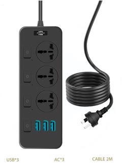 كابل تمديد الطاقة، شريط طاقة بثلاثة منافذ، محول قابس عالمي بثلاثة منافذ USB، 4 واقيات زيادة في التيار قابلة للتبديل بشكل فردي، مقبس شحن مع كابل تمديد إضافي سميك بطول 2 متر