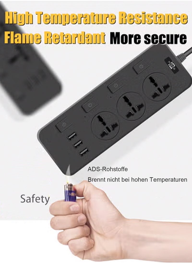 باور - كابل تمديد الطاقة، شريط طاقة بثلاثة منافذ، محول قابس عالمي بثلاثة منافذ USB، 4 واقيات زيادة في التيار قابلة للتبديل بشكل فردي، مقبس شحن مع كابل تمديد إضافي سميك بطول 2 متر - Image 1