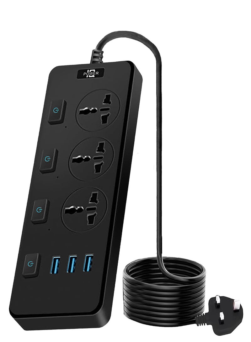 Power Strips Extension Cord 3 Outlets Universal Plug Adapter With 3 USB Ports Surge Protector  Charging Socket With 2M Universal Extension Lead With Multiple Function - Image 1