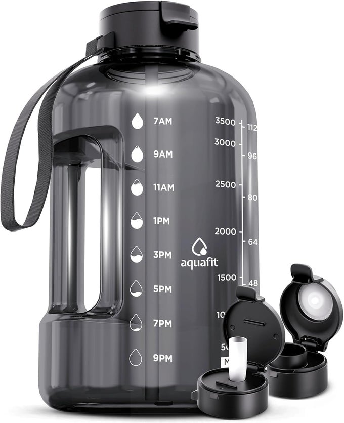 1 GALLON WATER BOTTLE WITH TIME MARKER STRAW CHUG LID BPA FREE GYM WATER BOTTLE WITH STRAW BIG GALLON JUG GRAY 128 OZ 2 LIDS