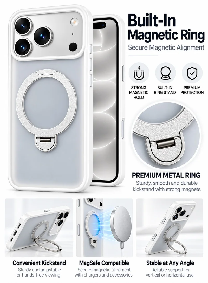 واي جراب مزود بحلقة مغناطيسية لهاتف iPhone 18 Pro، متوافق مع تقنية MagSafe، يحتوي على مسند معدني قابل للدوران بزاوية 360 درجة، يتميز بملمس مطفي (غير لامع)، اللون: فضي