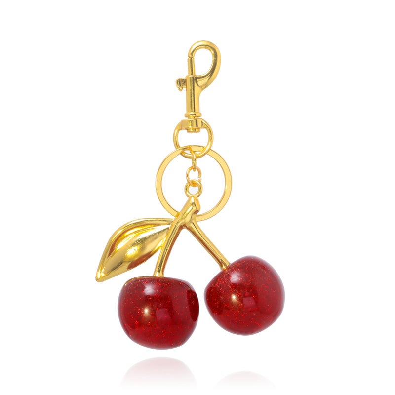 SORGERLY Red Cherry Bag Charm Keychain - Cute Purse Handbag Fruit Accessories - Beautiful Birthday Gift for Women (Red&Gold) - Image 1