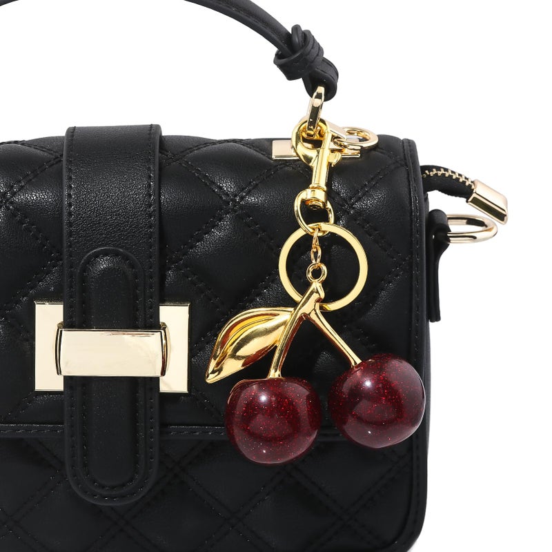SORGERLY Red Cherry Bag Charm Keychain - Cute Purse Handbag Fruit Accessories - Beautiful Birthday Gift for Women (Red&Gold) - Image 3