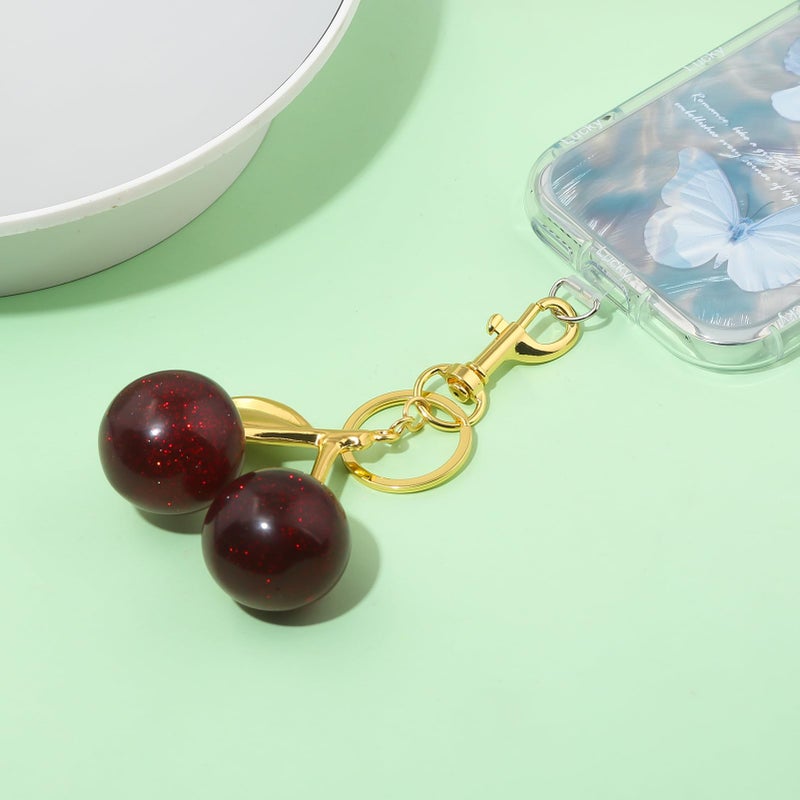 SORGERLY Red Cherry Bag Charm Keychain - Cute Purse Handbag Fruit Accessories - Beautiful Birthday Gift for Women (Red&Gold) - Image 2