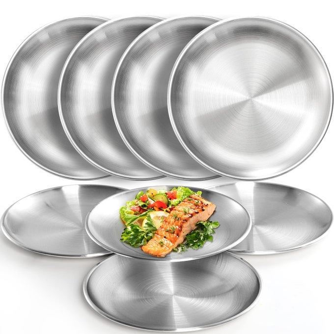 8 PACK 8 INCHES 188 STAINLESS STEEL PLATES METAL 304 DINNER DISHES SERVING CAMPING PLATES FOR PICNIC OUTDOOR CAMPING REUSABLE AND DISHWASHER SAFE