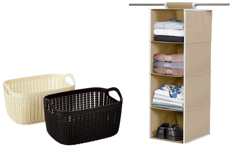 Kuber Industries Unbreakable Plastic 2 Pieces Multipurpose Medium Size Flexible Storage Baskets 4 Shelf Closet Hanging Organizer Brown Rectangular - Image 1