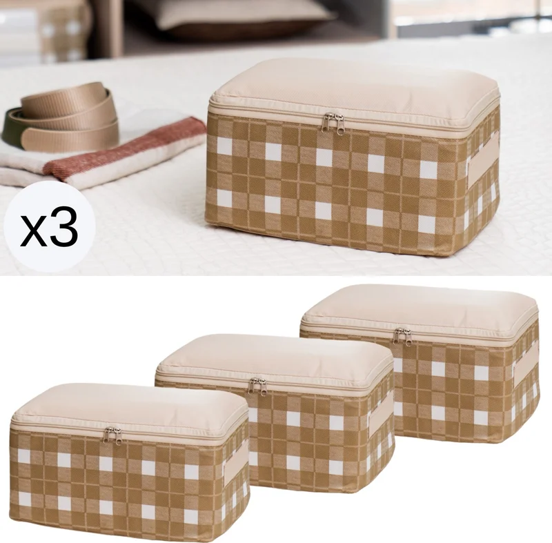 Nacarev 3 Pieces Small Size Square Patterned Plaid Gray Base Under Suitcase Suitcase Organizer Bag Set 30X20X15 cm
