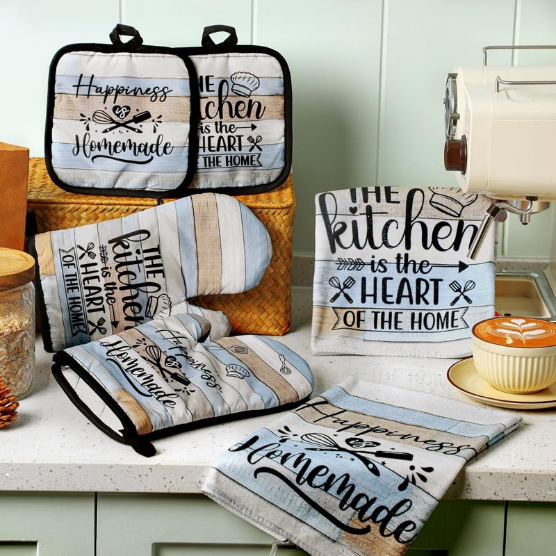 Sratte 6 Pcs Kitchen Decor Accessories Set Farmhouse Towels Pot Holders Oven Mitts Set 2 Dish Towels 2 Potholders 2 Cooking Mittens Oven Glove for Christmas Baking Cooking Supply(Brown Green,Kitchen) - Image 2