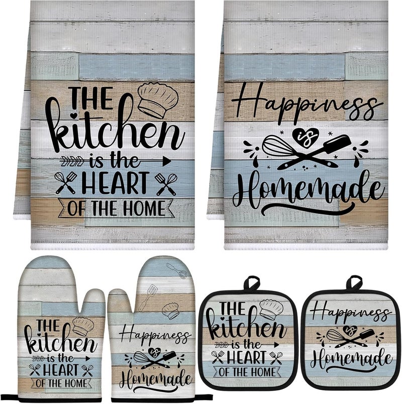 Sratte 6 Pcs Kitchen Decor Accessories Set Farmhouse Towels Pot Holders Oven Mitts Set 2 Dish Towels 2 Potholders 2 Cooking Mittens Oven Glove for Christmas Baking Cooking Supply(Brown Green,Kitchen) - Image 1