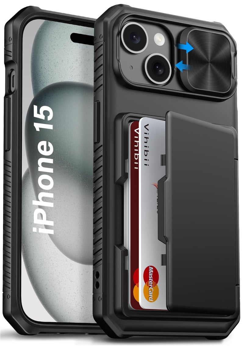 Vihibii for iPhone 15, iPhone 14, and iPhone 13 Case with Card Holder (4 Cards) [RFID Blocking] & Slide Camera Cover, Military Grade Drop Protection, Rugged Hard Back & TPU Silicone Phone Case, Black - Image 1