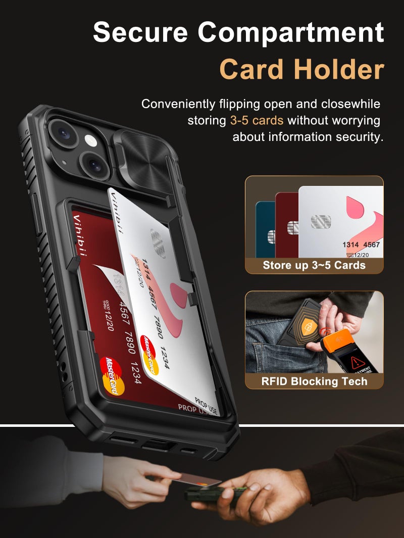 Vihibii for iPhone 15, iPhone 14, and iPhone 13 Case with Card Holder (4 Cards) [RFID Blocking] & Slide Camera Cover, Military Grade Drop Protection, Rugged Hard Back & TPU Silicone Phone Case, Black - Image 3