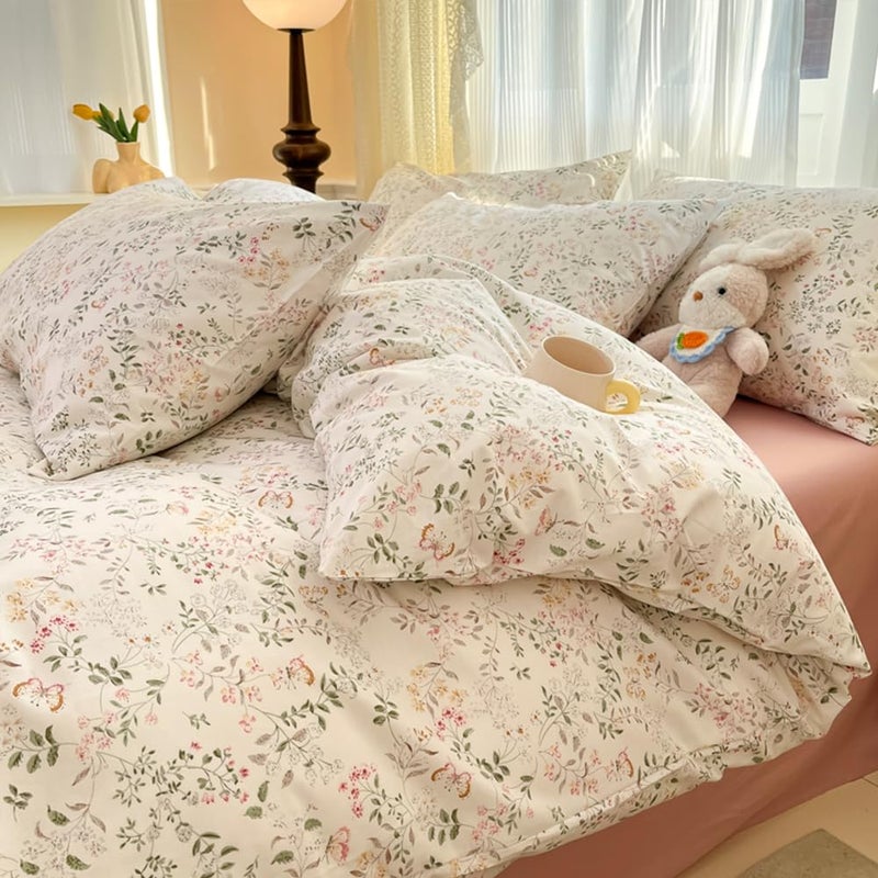 CCoutueChen Floral Duvet Cover Queen Beige 100% Cotton Duvet Cover Set for Girls Kids Garden Botanical Green Leaf Bedding Set Soft Breathable Flower Butterfly Bedding with 2 Pillowcases(No Comforter - Image 3