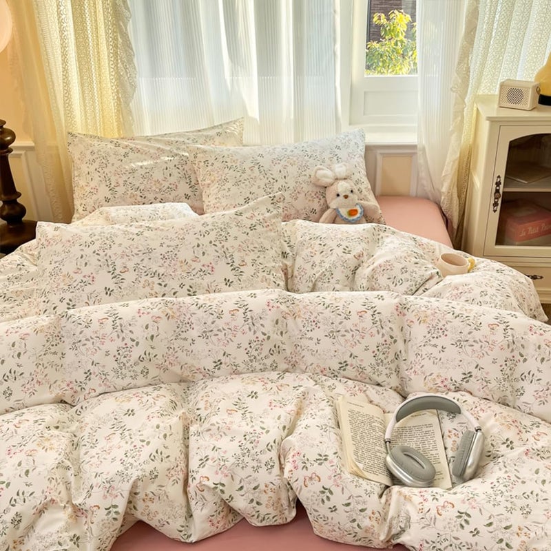 CCoutueChen Floral Duvet Cover Queen Beige 100% Cotton Duvet Cover Set for Girls Kids Garden Botanical Green Leaf Bedding Set Soft Breathable Flower Butterfly Bedding with 2 Pillowcases(No Comforter - Image 1