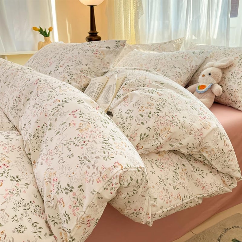 CCoutueChen Floral Duvet Cover Queen Beige 100% Cotton Duvet Cover Set for Girls Kids Garden Botanical Green Leaf Bedding Set Soft Breathable Flower Butterfly Bedding with 2 Pillowcases(No Comforter - Image 2