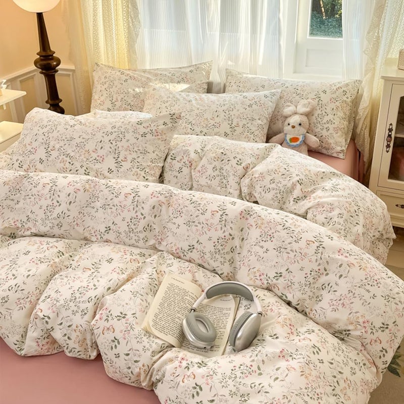 CCoutueChen Floral Duvet Cover Queen Beige 100% Cotton Duvet Cover Set for Girls Kids Garden Botanical Green Leaf Bedding Set Soft Breathable Flower Butterfly Bedding with 2 Pillowcases(No Comforter - Image 4