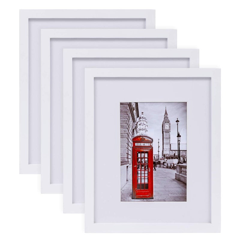 eletecpro 8x10 Picture Frame 4 Pack Made of Solid Wood and Strong Real Glass Display 4x6 and 5x7 Photos with Mat or 8x10 without Mat Home Decor for Wall and Tabletop Gallery Gift Set White