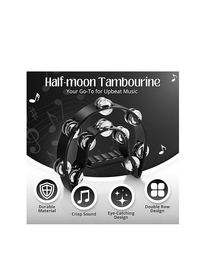 Megarya MegaryaTambourine Metal Half Moon Musical Instruments Double Row Metal Jingles Hand Held Instruments Percussion with Ergonomic Handle Grip, Tambourines for Adults Church, Black  - Image 3