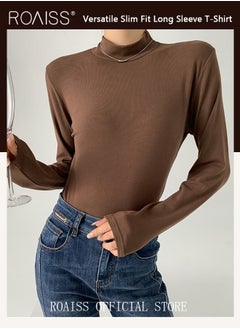 roaiss Women Mock Neck Base Layer Top Solid Color Design Slim Fit Versatile Long Sleeve Women T-Shirt Skin Friendly Fabric Comfortable and Breathable Flattering for All Body Types Ideal for Work and School  - Image 3