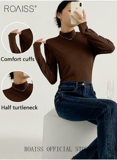 roaiss Women Mock Neck Base Layer Top Solid Color Design Slim Fit Versatile Long Sleeve Women T-Shirt Skin Friendly Fabric Comfortable and Breathable Flattering for All Body Types Ideal for Work and School  - Image 5