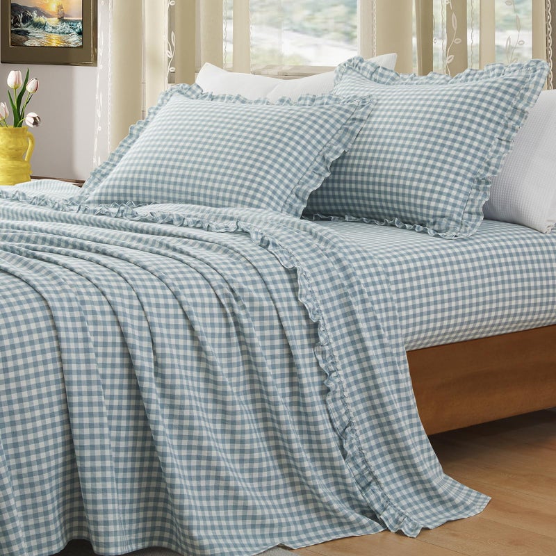 KKJIAF 3 Pieces Plaid Ruffle Twin Bed Sheets, Cotton Gingham Twin Sheet Set Linen Feel Comfy Breathable Ruffed Bed Sheet Set with 16 Inch Deep Pocket, Dusty Blue - Image 1