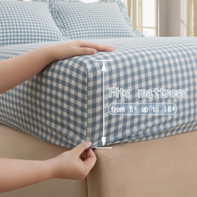 KKJIAF 3 Pieces Plaid Ruffle Twin Bed Sheets, Cotton Gingham Twin Sheet Set Linen Feel Comfy Breathable Ruffed Bed Sheet Set with 16 Inch Deep Pocket, Dusty Blue - Image 5