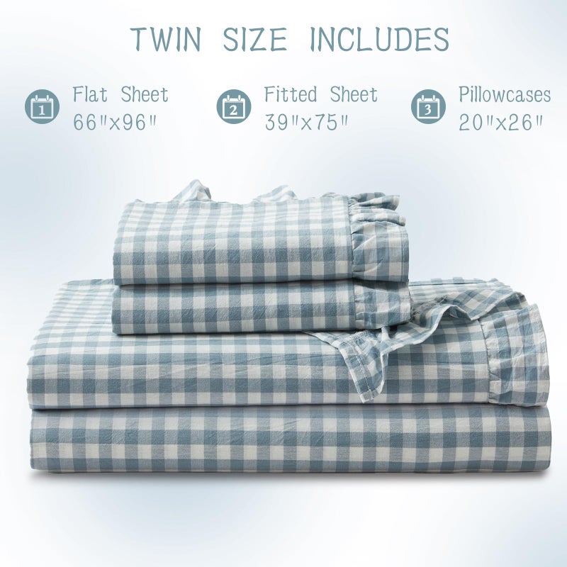 KKJIAF 3 Pieces Plaid Ruffle Twin Bed Sheets, Cotton Gingham Twin Sheet Set Linen Feel Comfy Breathable Ruffed Bed Sheet Set with 16 Inch Deep Pocket, Dusty Blue - Image 3