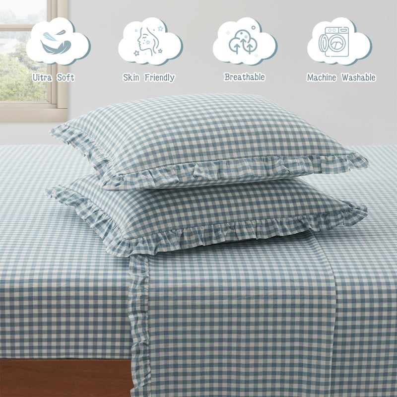 KKJIAF 3 Pieces Plaid Ruffle Twin Bed Sheets, Cotton Gingham Twin Sheet Set Linen Feel Comfy Breathable Ruffed Bed Sheet Set with 16 Inch Deep Pocket, Dusty Blue - Image 4