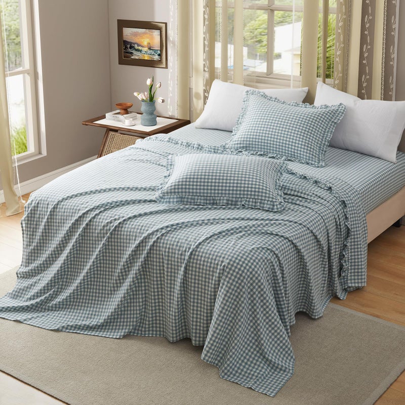 KKJIAF 3 Pieces Plaid Ruffle Twin Bed Sheets, Cotton Gingham Twin Sheet Set Linen Feel Comfy Breathable Ruffed Bed Sheet Set with 16 Inch Deep Pocket, Dusty Blue - Image 2