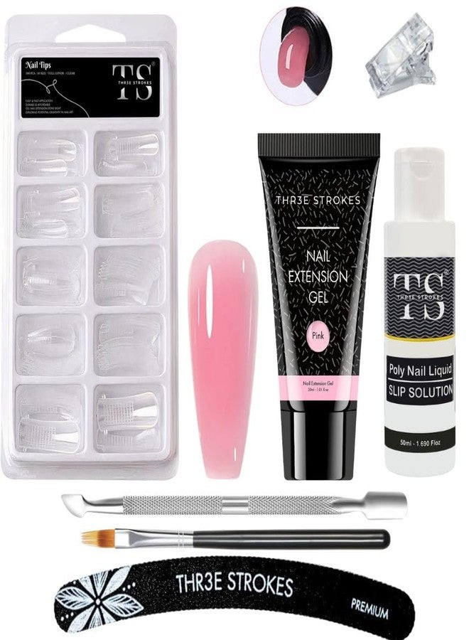 THR3E STROKES PolyGel Nail Extension Kit - Pink PolyGel Builder & Clear Gel, Slip Solution, Brush, Pusher, File, Clip - 30ml (PINK) - Image 1