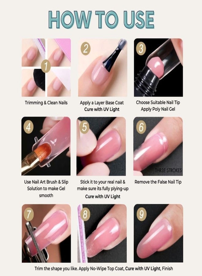THR3E STROKES PolyGel Nail Extension Kit - Pink PolyGel Builder & Clear Gel, Slip Solution, Brush, Pusher, File, Clip - 30ml (PINK) - Image 2