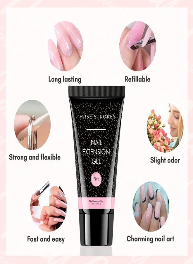 THR3E STROKES PolyGel Nail Extension Kit - Pink PolyGel Builder & Clear Gel, Slip Solution, Brush, Pusher, File, Clip - 30ml (PINK) - Image 3