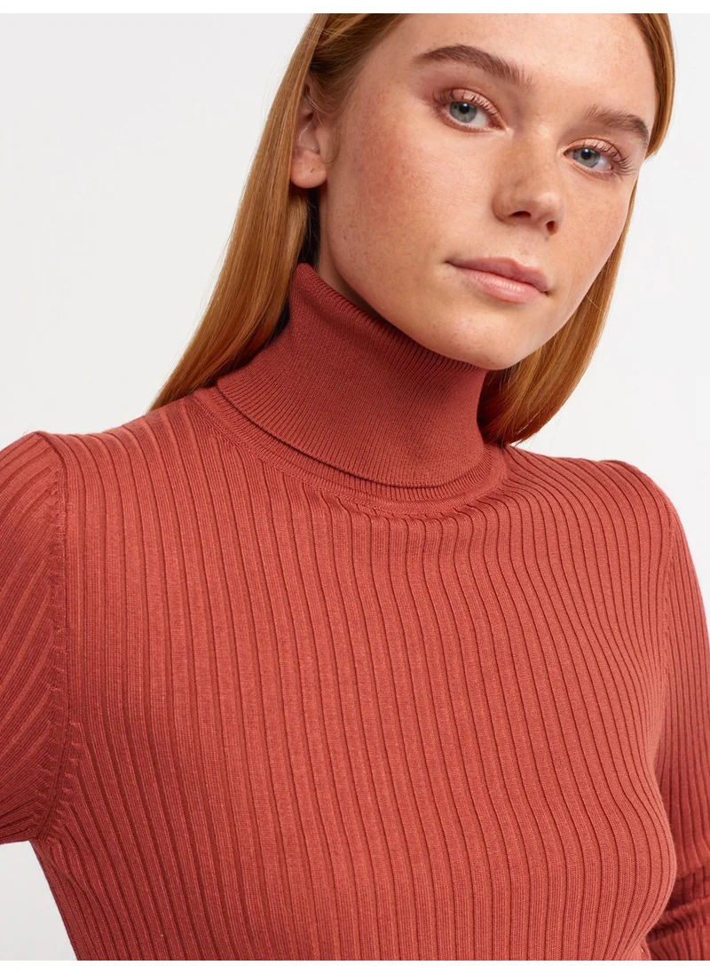Dilvin 1297 Turtleneck Ribbed Basic Sweater-Terra