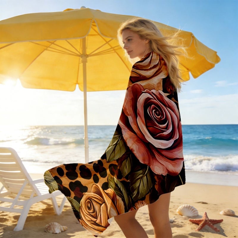 70x140cm Leopard Print Floral Roses Beach Towel Soft Portable Easy To Clean Machine Washable Unisex - Image 2