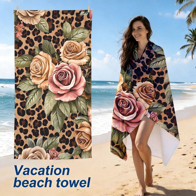 70x140cm Leopard Print Floral Roses Beach Towel Soft Portable Easy To Clean Machine Washable Unisex - Image 1