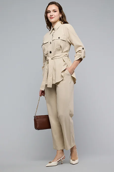 R&B Solid Wide Leg Trousers with Button Closure