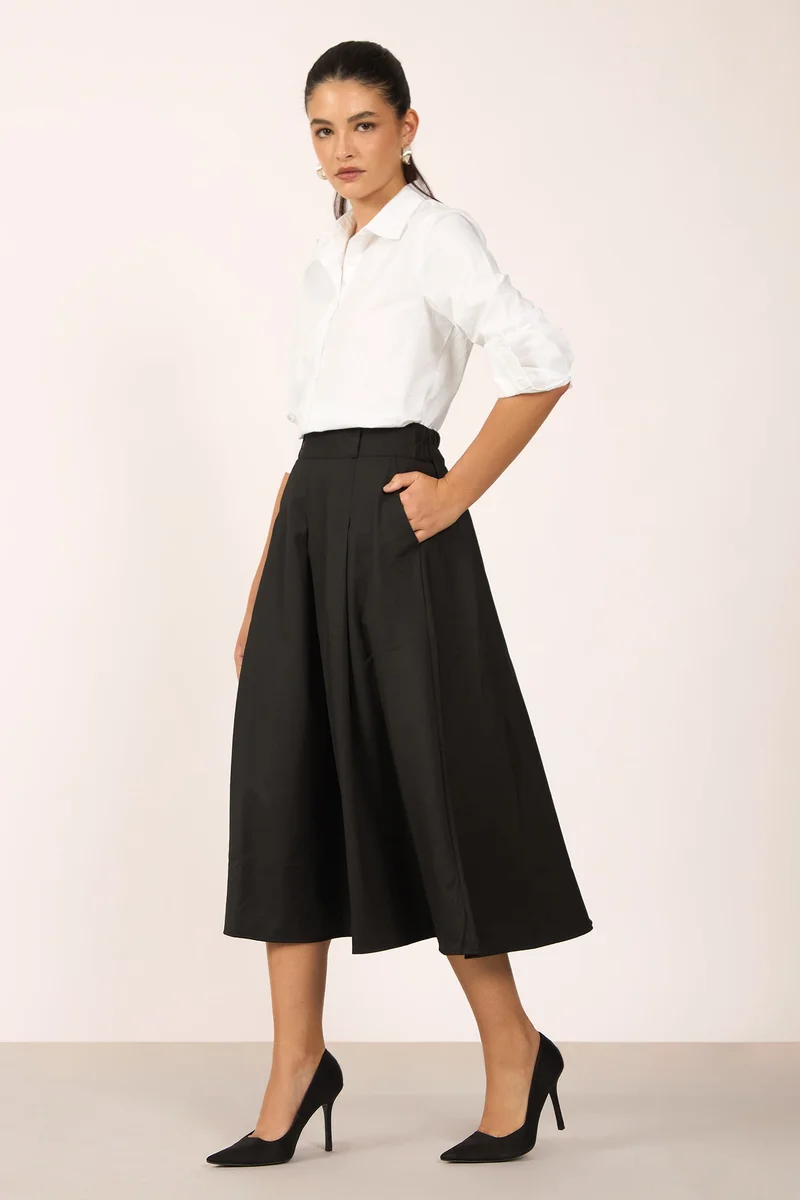 Virgio Viscose Stretch Workwear Box Pleated Midi Skirts for Women