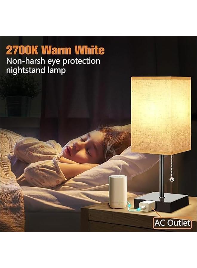 HOOKOR Table Lamp for Bedroom, Warm White Bedside Lamps with AC Outlets, Square Pull Chain Nightstand Lamp for Living Room, Office Desk, LED Bulb not Included (Cream White) - Image 3