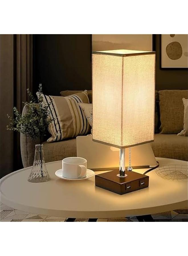 HOOKOR Table Lamp for Bedroom, Warm White Bedside Lamps with AC Outlets, Square Pull Chain Nightstand Lamp for Living Room, Office Desk, LED Bulb not Included (Cream White) - Image 1