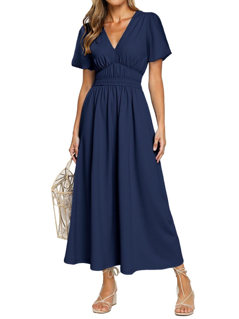 Simplee Apparel Simplee Women's Summer Flowy Midi Dress Casual V Neck Short Sleeve Empire Waist Boho Beach Dress Wedding Guest Maxi Dress Navy Blue,M - Image 1