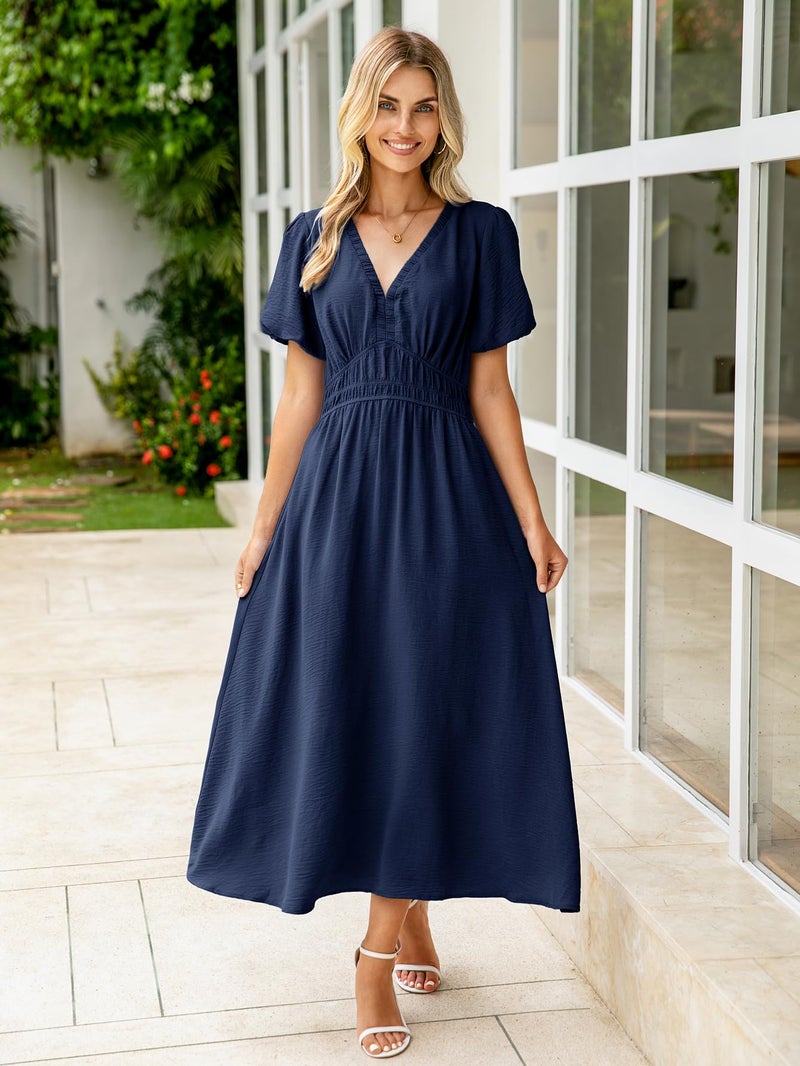 Simplee Apparel Simplee Women's Summer Flowy Midi Dress Casual V Neck Short Sleeve Empire Waist Boho Beach Dress Wedding Guest Maxi Dress Navy Blue,M - Image 3