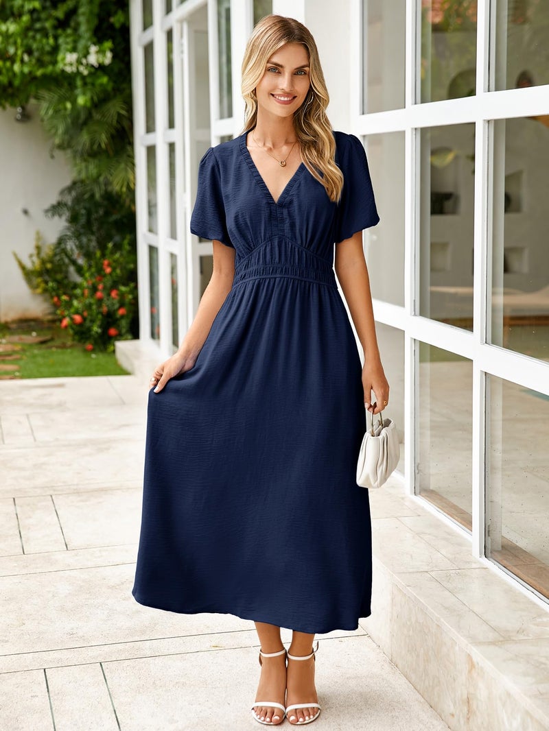 Simplee Apparel Simplee Women's Summer Flowy Midi Dress Casual V Neck Short Sleeve Empire Waist Boho Beach Dress Wedding Guest Maxi Dress Navy Blue,M - Image 2