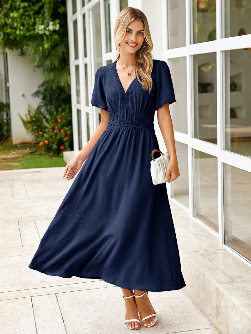 Simplee Apparel Simplee Women's Summer Flowy Midi Dress Casual V Neck Short Sleeve Empire Waist Boho Beach Dress Wedding Guest Maxi Dress Navy Blue,M - Image 4