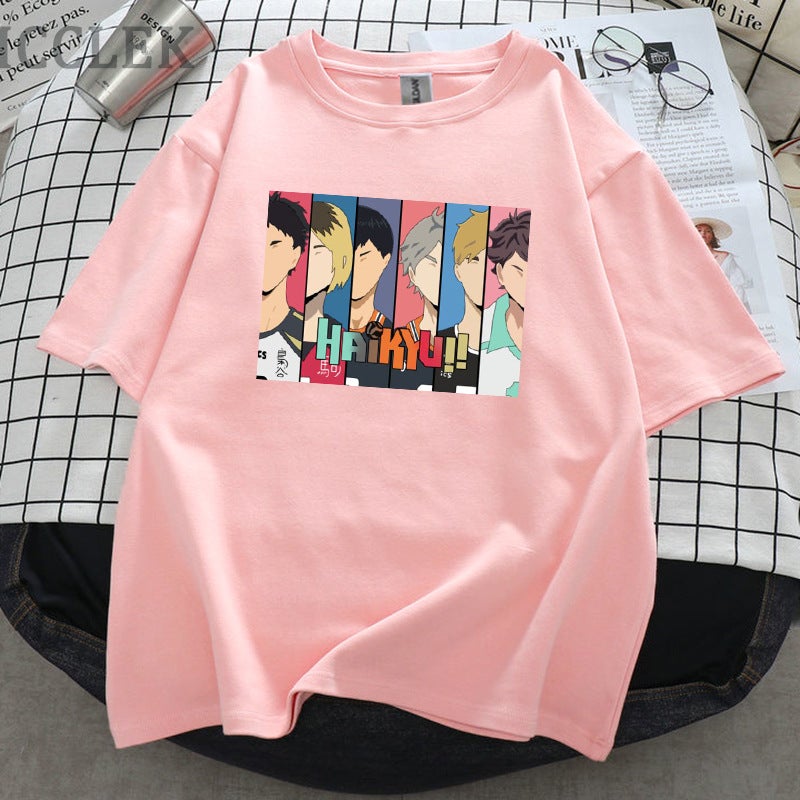Generic Volleyball Junior Haikyu!! Peripheral T-shirt Trendy Crewneck Printed Summer Large Size Mens and Womens Short-sleeved White Cross-border Women A Pink 