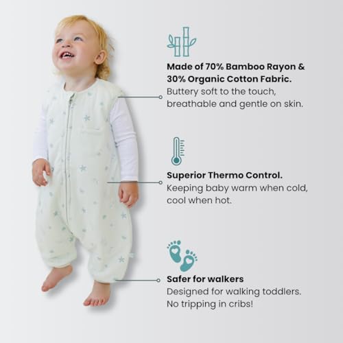 Tealbee Dreamsuit Toddler Sleep Sack with Feet – Walker Sleep Bag with Legs, Rayon made from Bamboo, Winter 1.5 TOG, 2-Way Zipper, 2T-3T - Seashell - Image 2