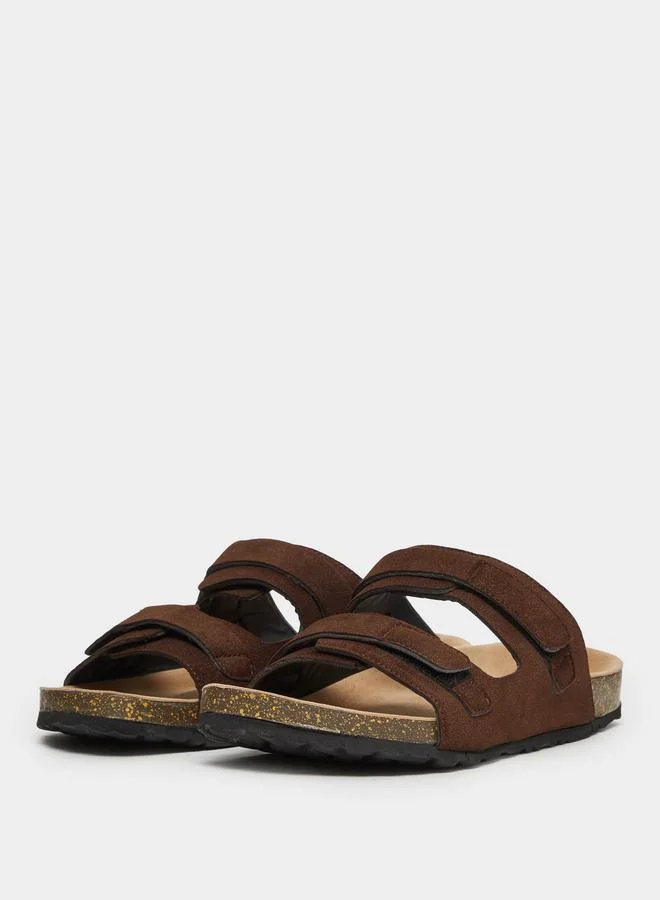 Styli Brown Double Strap Suede Look Casual Sandals