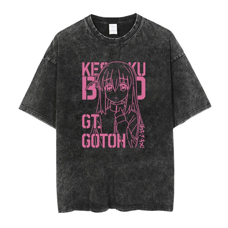 New Lonely Rock Live Stage Cartoon Anime Washed Old Vintage Short Sleeve T-Shirt American Cotton - Image 1